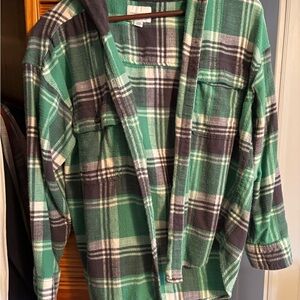 American eagle Green and Black Plaid Flannel Shirt with hood